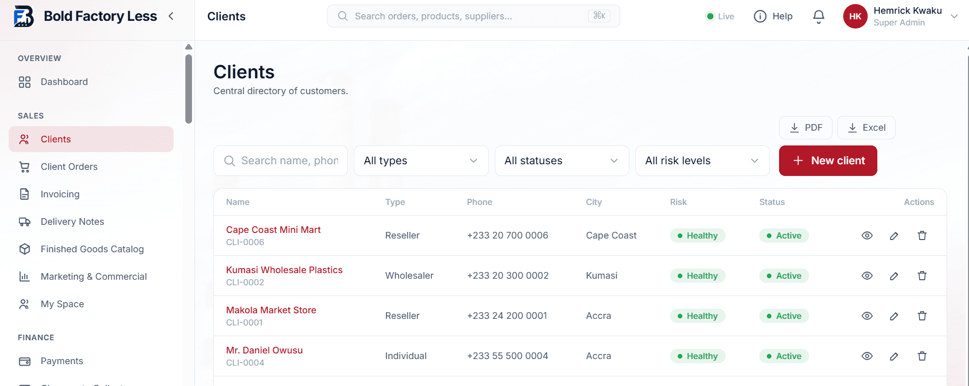 Customers: one directory, with the risk level carried on the line