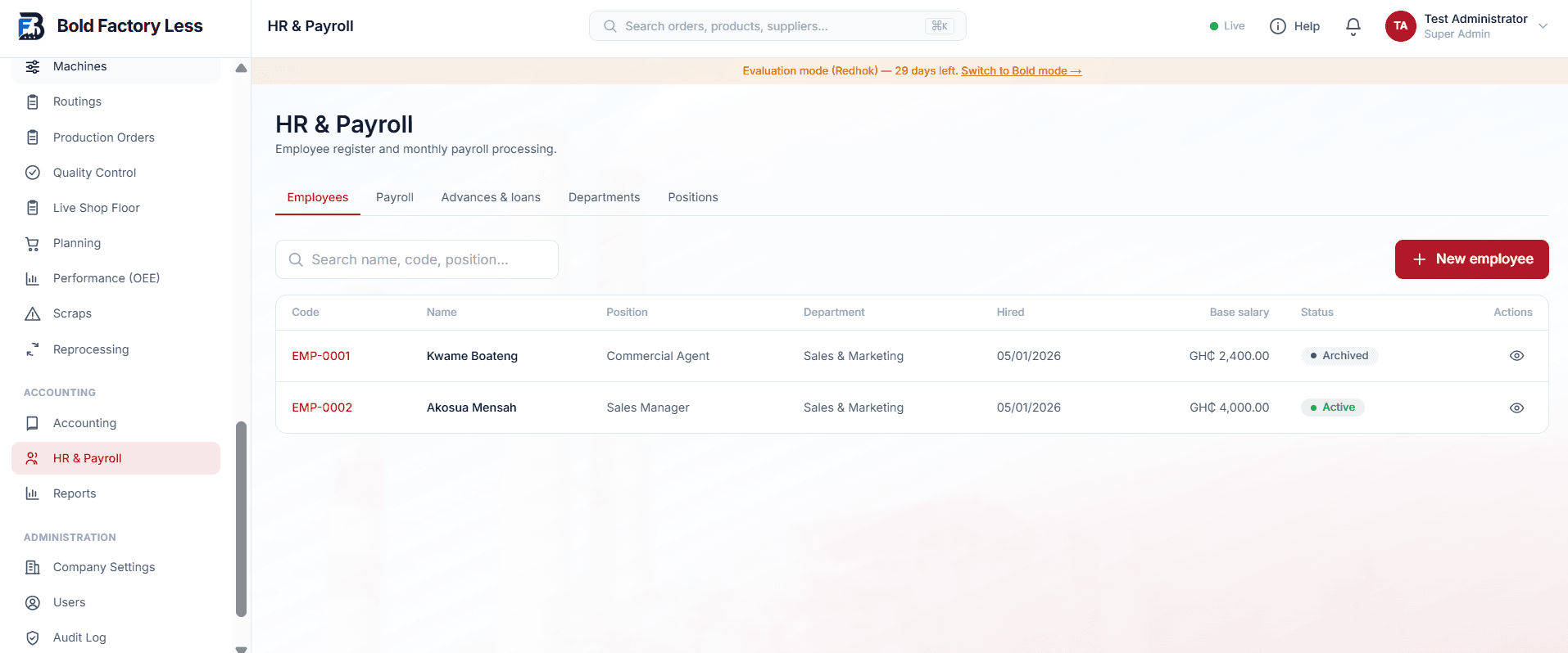 HR & Payroll: runs, payslips, staff loans and dated scales
