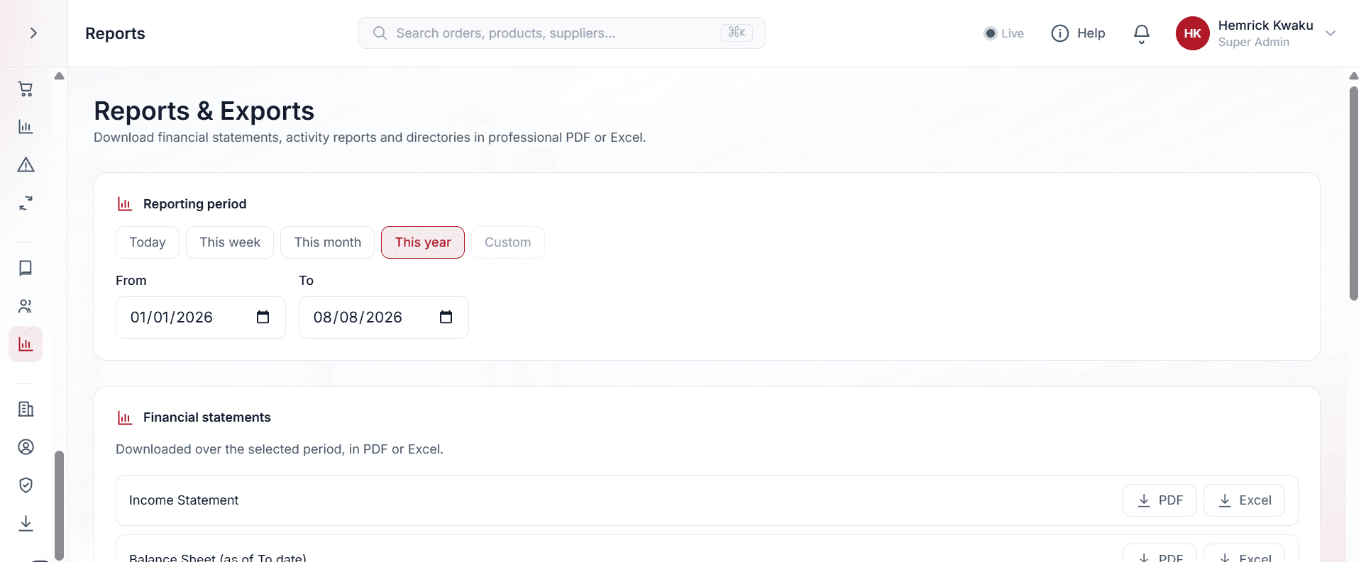 Reports & exports: financial statements in PDF or Excel, over the period you choose